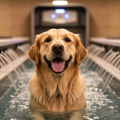 Dog enjoying hydromassage in an aquatic treadmill