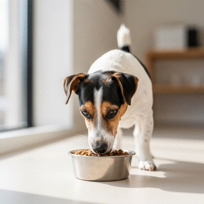 Happy dog eating healthy food in a bowl, showing a shiny coat
