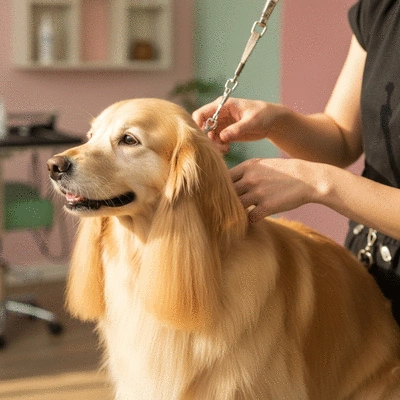 Gros plan d'un chien à poils longs se faisant toiletter, avec un pelage sain et brillant
