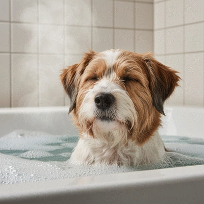 Chien se relaxant dans un bain d'hydromassage avec des bulles