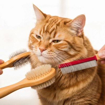Close-up of a cat being gently brushed, showing healthy shiny fur and calm demeanor, professional grooming tools, bright and clean background, no text, no words, no typography, no labels, clean image