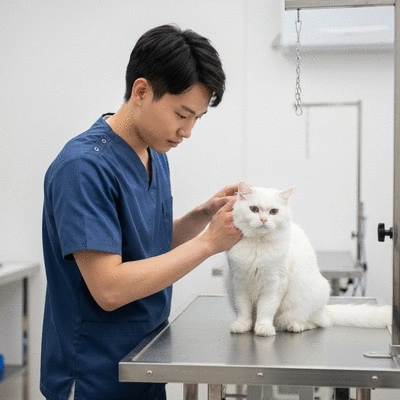 Veterinarian or groomer gently comforting an anxious cat on a grooming table, soft lighting