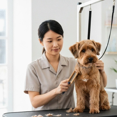 Groomer gently brushing a dog with a soft brush, calm atmosphere, natural light, no text, no words, no typography, clean image