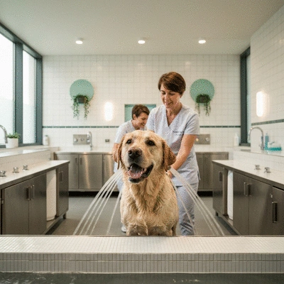 Happy dog receiving hydrotherapy in a modern spa