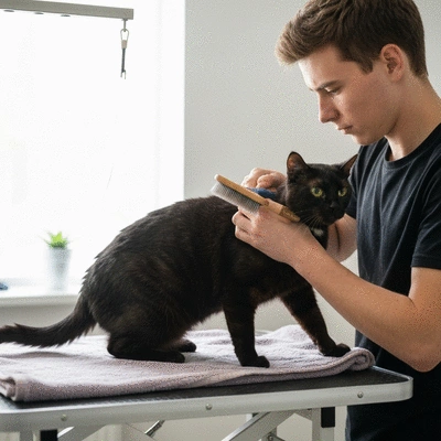Personne brossant doucement un chat à poils courts sur une table de toilettage