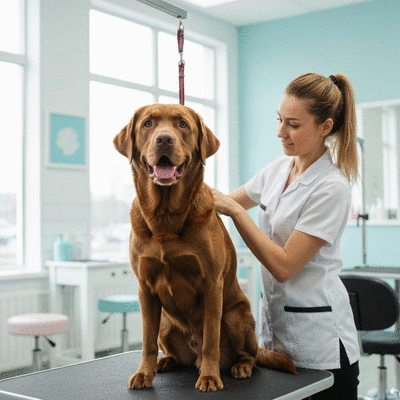 Groomer gently brushing a long-haired dog, focus on the dog's calm expression