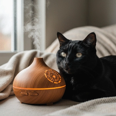 A cat relaxing next to an aromatherapy diffuser in a calm home environment