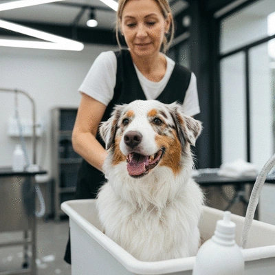 Dog enjoying a relaxing bath during grooming