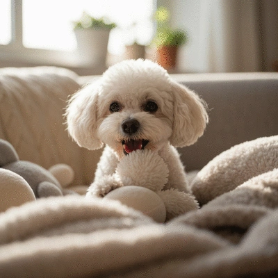 Dog enjoying a hypoallergenic grooming session, gentle care, clean products, soft lighting