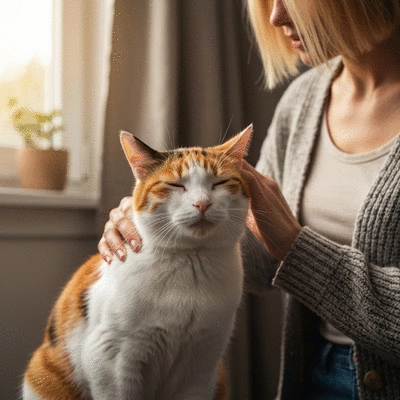Healthy cat with shiny fur being gently petted