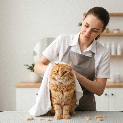 Happy cat being gently dried with a towel after a bath by a professional groomer in a bright salon