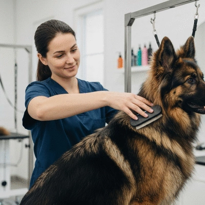 Groomer gently brushing a long-haired dog, professional setting, clean image