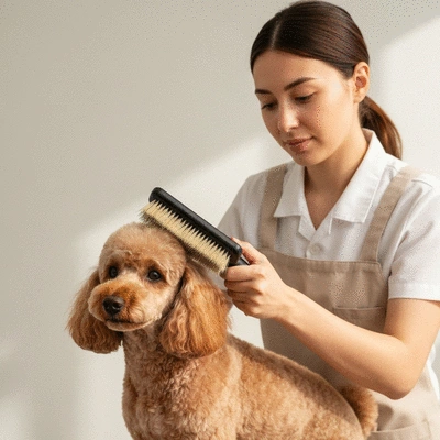 Groomer gently brushing a dog's fur with a professional brush, clean background, no text, no words, no typography, no labels, clean image