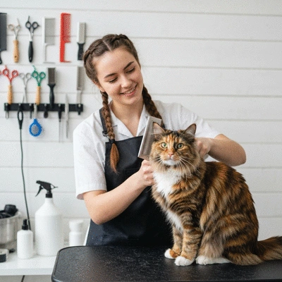 A professional groomer gently brushing a long-haired cat, with grooming tools visible in the background, clean salon environment, no text, no words, no typography, no labels, clean image