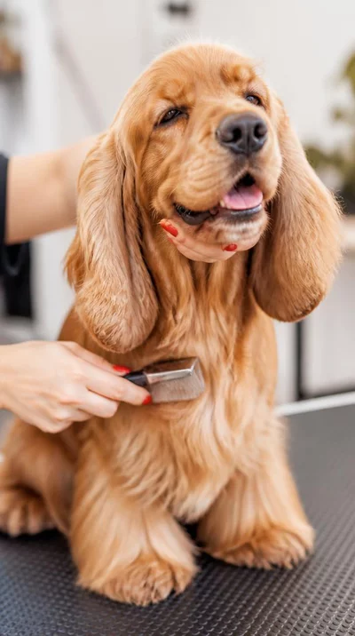 Happy dog being groomed in a comfortable home setting