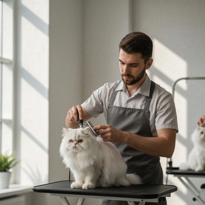 Un toiletteur professionnel travaillant doucement sur un chat dans un environnement propre et moderne.