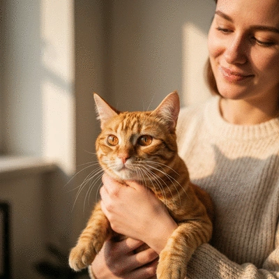 Owner gently interacting with a groomed cat, symbolizing trust and well-being