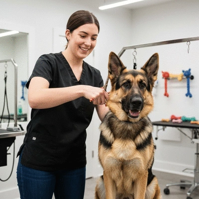 Groomer styling a dog's fur with scissors in a professional grooming salon, clean background, no text, no words, no typography, 8K