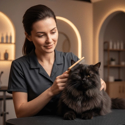 Groomer gently brushing a cat's fur