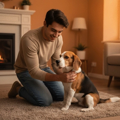 Owner checking dog's fur and skin for health issues at home