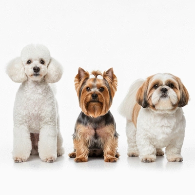 Three different dog breeds (Poodle, Yorkshire Terrier, Shih Tzu) side-by-side, each with distinct well-groomed coats, in a clean, bright studio setting, no text, no words, no typography, no labels, clean image