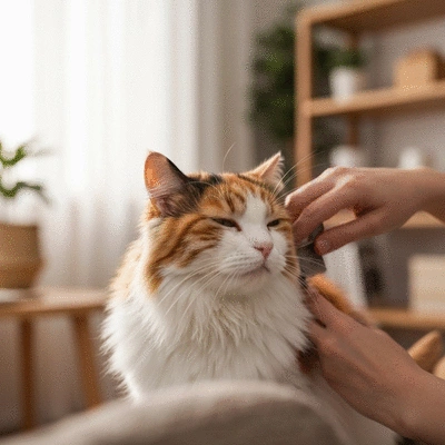 Chat à poils longs se faisant brosser délicatement par son propriétaire