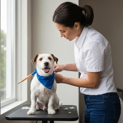 A happy dog being groomed at home by a professional groomer, showing comfort and personalized care, no text, no words, no typography, no labels, clean image