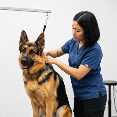 Groomer gently brushing a dog's fur, focusing on health and well-being