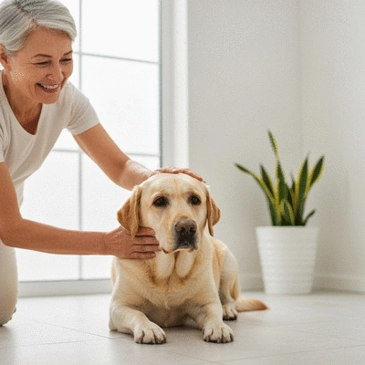 A happy pet owner gently petting their dog after an hydromassage session, both looking relaxed and content, in a clean, bright setting, no text, no words, no typography, clean image