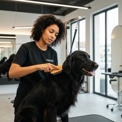 Groomer brushing dog's coat at a professional salon in Reims