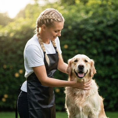 Groomer using eco-friendly shampoo on a dog