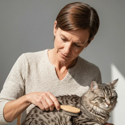 Person gently brushing a cat's fur, focusing on a healthy coat