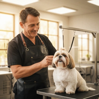 Groomer gently brushing a happy dog's fur in a clean, bright grooming salon