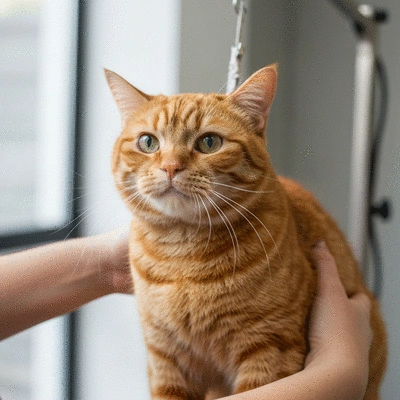 A cat being gently groomed by a professional, showing calm and comfort, natural lighting, no text, no words, no typography, clean image