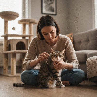 Chat se faisant brosser doucement à la maison par son propriétaire