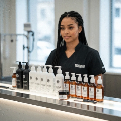 Un toiletteur professionnel présentant une gamme de produits de toilettage pour animaux de compagnie de haute qualité, avec des bouteilles et des outils bien rangés