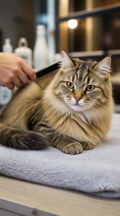Cat relaxing in a safe, calm grooming environment