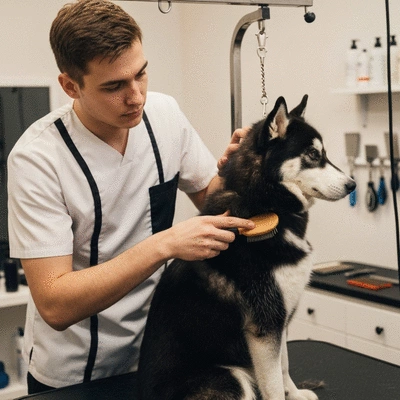 Groomer gently brushing a dog's fur, close-up of hands and dog, warm lighting, professional setting