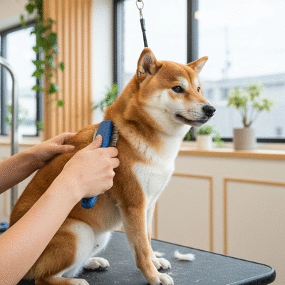 Gros plan sur un chien avec un pelage sain et brillant, se faisant brosser par un toiletteur