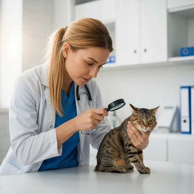 Veterinarian examining an animal's skin with a magnifying tool, showing focus and care in a clinic setting