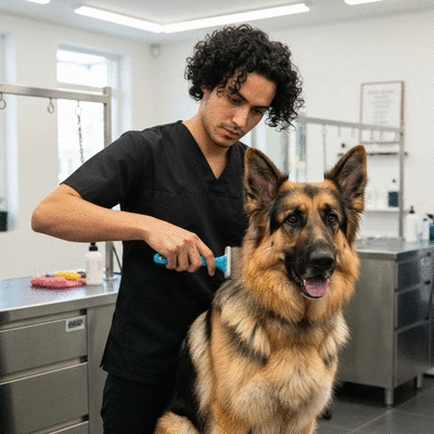 Groomer carefully brushing a dog's long coat in a clean, brightly lit salon