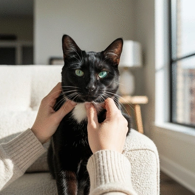 Owner gently stroking a freshly groomed cat, illustrating a strong bond and comfort, in a warm, clean home environment, no text, no words, no typography, clean image