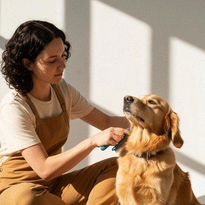Personne caressant doucement un chien pendant une séance de toilettage, mettant en valeur le lien et le bien-être de l'animal