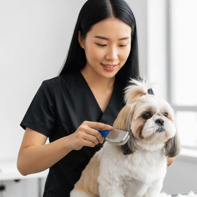 Groomer gently brushing a long-haired dog