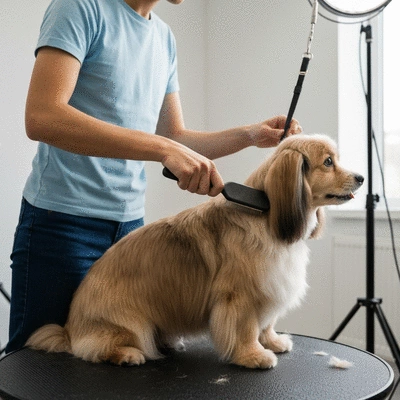 Toiletteur professionnel brossant le pelage d'un chien à poils longs dans un salon de toilettage propre et lumineux