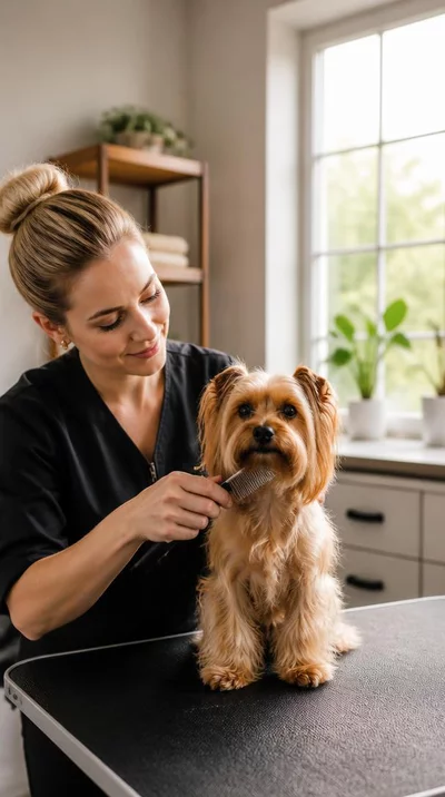 Professional pet groomer grooming a dog in a home environment