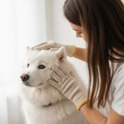 Animal receiving a gentle topical skin treatment from a caring owner, emphasizing prevention and home care
